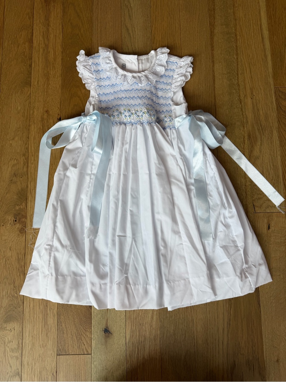 Girls White & Light Blue Smocked Formal Dress